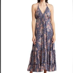 Raga poseidon maxi‎ dress low back paisley floral blue dress women’s size small